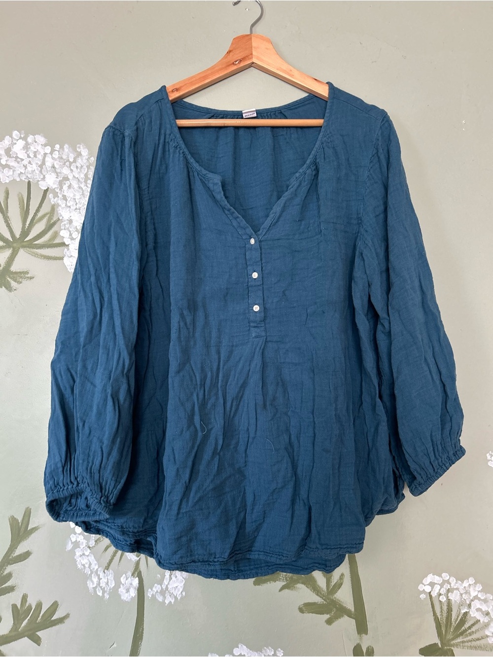 Blue Gauze Henley Peasant Blouse